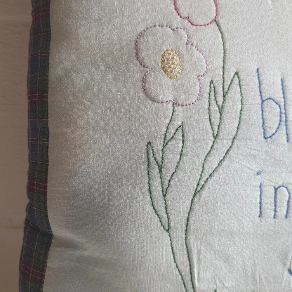 Embroidered Sisters Gift Floral Plaid Throw Pillow Cream Cottagecore